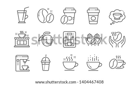 Coffee line icons. Beans, hot cocktail and coffee maker machine. Espresso cup, cappuccino line icons. Latte vending machine and roasted beans. Linear set. Vector