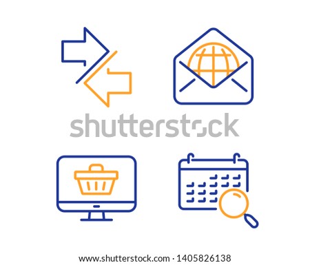 Synchronize, Web shop and Web mail icons simple set. Search calendar sign. Communication arrows, Shopping cart, World communication. Find date. Technology set. Linear synchronize icon. Vector