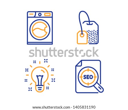 Idea, Washing machine and Tea bag icons simple set. Seo file sign. Creativity, Laundry service, Brew hot drink. Search document. Linear idea icon. Colorful design set. Vector