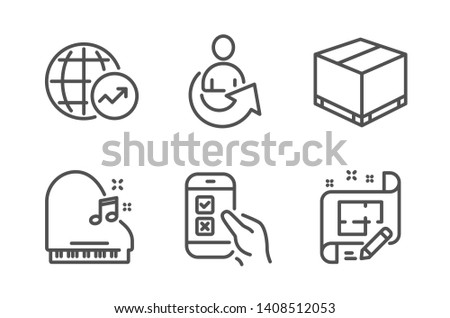 Piano, Share and Mobile survey icons simple set. World statistics, Delivery box and Architect plan signs. Fortepiano, Referral person. Line piano icon. Editable stroke. Vector