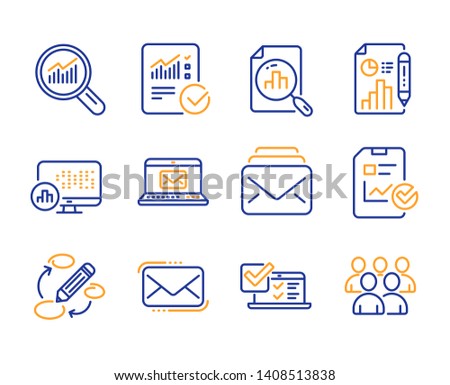 Analytics graph, Mail and Keywords icons simple set. Data analysis, Messenger mail and E-mail signs. Online survey, Report statistics and Checked calculation symbols. Report document, Group. Vector