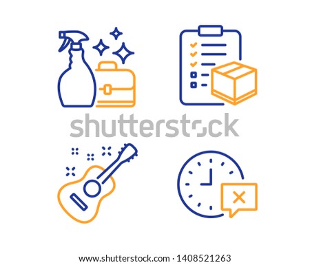 Parcel checklist, Cleanser spray and Guitar icons simple set. Time sign. Logistics check, Washing liquid, Acoustic instrument. Remove alarm. Business set. Linear parcel checklist icon. Vector