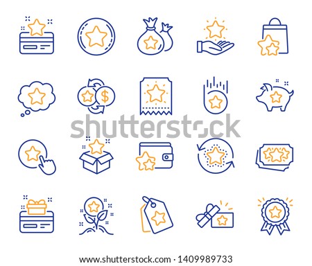 Loyalty program line icons. Bonus card, Redeem gift and discount coupon signs. Lottery ticket, Earn reward and winner gift icons. Shopping bag, loyalty card and lottery present. Vector