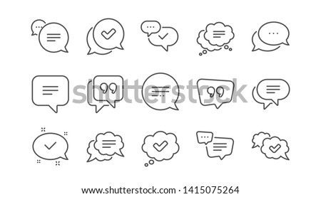 Chat and quote line icons. Approved, Checkmark box and Social media message. Chat speech bubble, Tick or check mark, Comment quote icons. Think speech bubble. Linear set. Vector