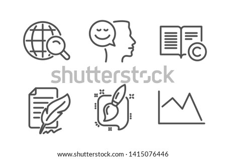 Good mood, Internet search and Feather signature icons simple set. Copyright, Painting brush and Line chart signs. Positive thinking, Web finder. Education set. Line good mood icon. Editable stroke