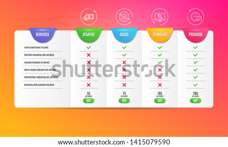 Reject refresh, Dollar money and Monitor repair icons simple set. Comparison table. Select alarm sign. Update rejection, Cash with coins, Computer service. Time symbol. Business set. Vector