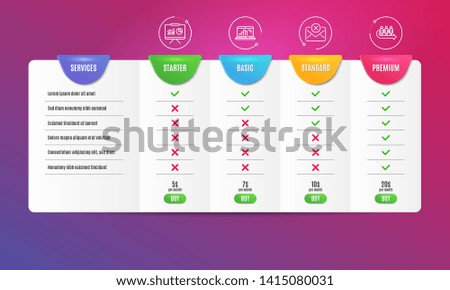 Graph laptop, Presentation and Reject mail icons simple set. Comparison table. Queue sign. Mobile report, Board with charts, Delete letter. People waiting. Business set. Pricing plan. Vector