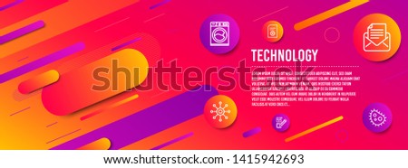 Header banner. Checkbox, File settings and Multichannel icons simple set. Washing machine, Mail correspondence and Bacteria signs. Survey choice, File management. Technology set. Line checkbox icon