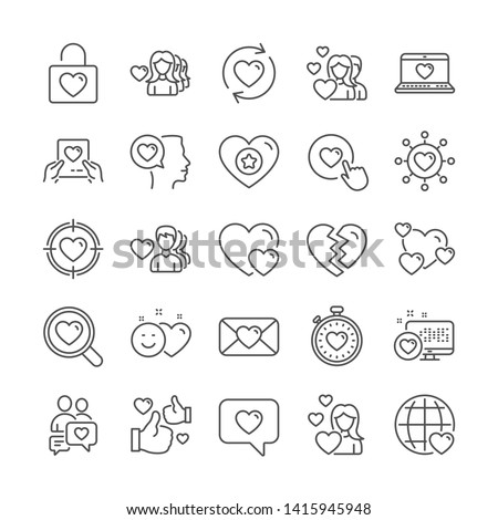 Love line icons. Heart, Couple and Valentines day icons. Romantic love symbols. Divorce or Break up heart, romantic couple. Laptop, timer, communication. Target, valentines day holiday. Vector
