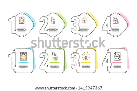 Idea, Washing machine and Tea bag icons simple set. Seo file sign. Creativity, Laundry service, Brew hot drink. Search document. Infographic timeline. Line idea icon. 4 options or steps. Vector
