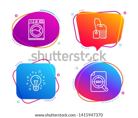Idea, Washing machine and Tea bag icons simple set. Seo file sign. Creativity, Laundry service, Brew hot drink. Search document. Speech bubble idea icon. Colorful banners design set. Vector