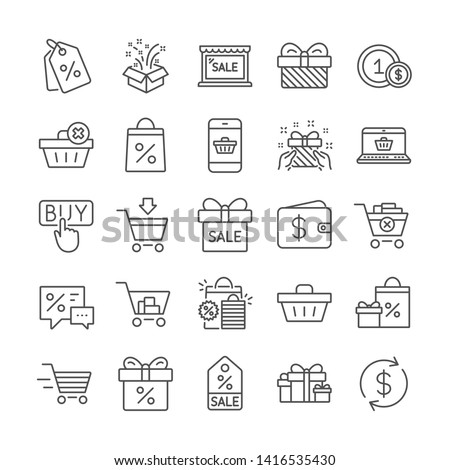 Shopping wallet line icons. Present, Gift box and Sale offer signs. Shopping cart, Delivery gift and Tags symbols. Speech bubble, Discount, sale and wallet. Online buying. Surprise present. Vector