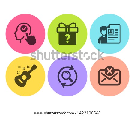 Search, Job interview and Guitar icons simple set. Secret gift, Select user and Reject mail signs. Find results, Cv file. Business set. Flat search icon. Circle button. Vector