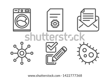 Checkbox, File settings and Multichannel icons simple set. Washing machine, Mail correspondence and Bacteria signs. Survey choice, File management. Technology set. Line checkbox icon. Editable stroke