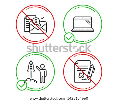 Do or Stop. Accounting report, Launch project and Laptop icons simple set. Reject file sign. Check finance, Business innovation, Computer. Decline agreement. Technology set. Vector