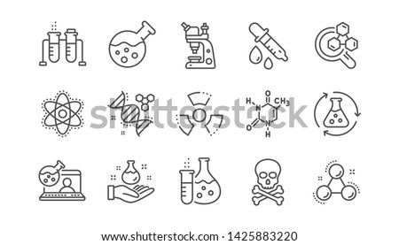 Chemistry lab line icons. Chemical formula, Microscope and Medical analysis. Laboratory test flask, reaction tube, chemistry lab icons. Linear set. Vector Stockfoto © 