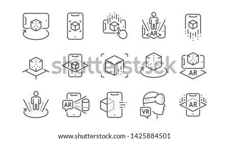 Augmented reality line icons. VR simulation, Panorama view, 360 degrees. Virtual reality gaming, augmented, full rotation arrows icons. Linear set. Vector Stok fotoğraf © 