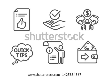 Approved, Quick tips and Sharing economy icons simple set. Approved document, Manual doc and Wallet signs. Verified symbol, Helpful tricks. Education set. Line approved icon. Editable stroke. Vector