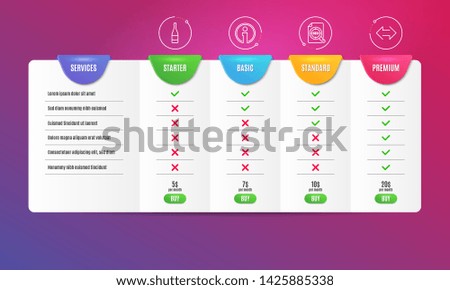 Seo file, Champagne bottle and Info icons simple set. Comparison table. Sync sign. Search document, Anniversary alcohol, Information. Synchronize. Business set. Pricing plan. Compare products. Vector