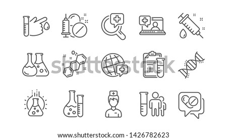 Medical healthcare, doctor line icons. Drug testing, scientific discovery and disease prevention icons. Chemical formula, chemistry testing lab. Linear set. Vector