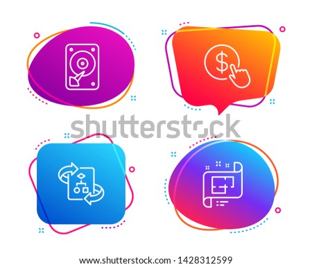 Technical algorithm, Buy currency and Hdd icons simple set. Architectural plan sign. Project doc, Money exchange, Hard disk. Technical project. Technology set. Speech bubble technical algorithm icon