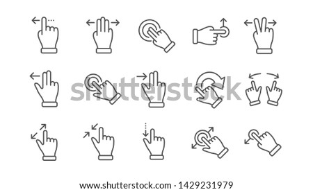 Touchscreen gesture line icons. Hand swipe, Slide gesture, Multitasking icons. Touchscreen technology, tap on screen, drag and drop. Linear set. Vector