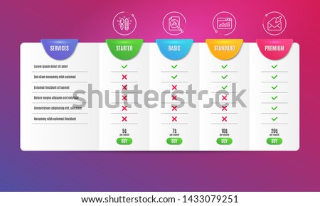 Creativity, Website statistics and Analytics graph icons simple set. Comparison table. Open mail sign. Graphic art, Data analysis, Chart report. View e-mail. Education set. Pricing plan. Vector