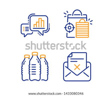 Seo shopping, Water bottles and Graph chart icons simple set. Reject letter sign. Analytics, Aqua drinks, Growth report. Delete mail. Business set. Linear seo shopping icon. Colorful design set