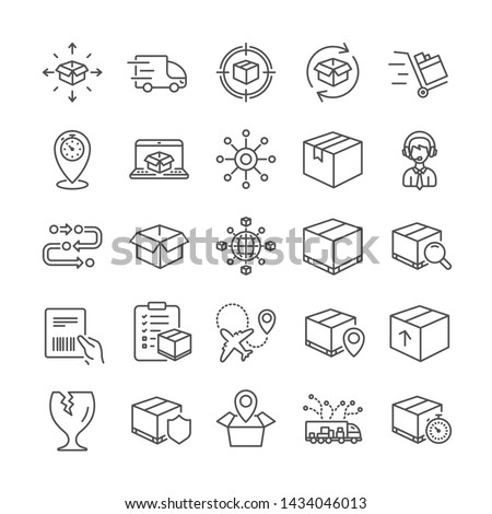 Logistics, Shipping document line icons. Set of Truck Delivery box, Checklist icons. Parcel tracking shipping, World trade logistics. Location pin, Goods parcel insurance and document. Vector