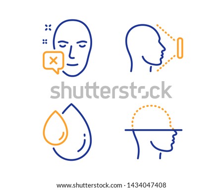 Face declined, Oil drop and Face id icons simple set. Identification error, Serum, Identification system. Faces detection. Medical set. Linear face declined icon. Colorful design set. Vector