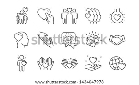 Friendship and love line icons. Interaction, Mutual understanding and assistance business. Trust handshake, social responsibility icons. Linear set. Vector