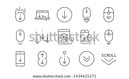 Scroll down line icons. Scrolling mouse, landing page swipe signs. Mobile device technology icons. Website scroll navigation. Phone scrolling. Linear set. Vector