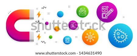 Magnet attracting. Checkbox, File settings and Multichannel icons simple set. Washing machine, Mail correspondence and Bacteria signs. Survey choice, File management. Technology set. Vector