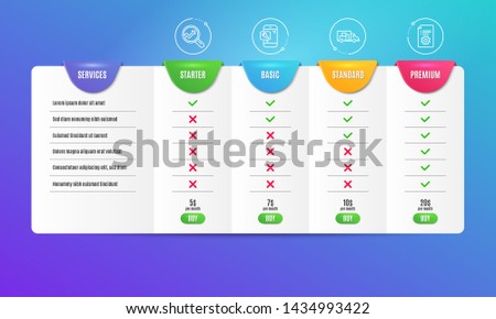 Truck transport, Analytics and Phone repair icons simple set. Comparison table. Technical documentation sign. Delivery, Audit analysis, Spanner service. Manual. Technology set. Pricing plan. Vector