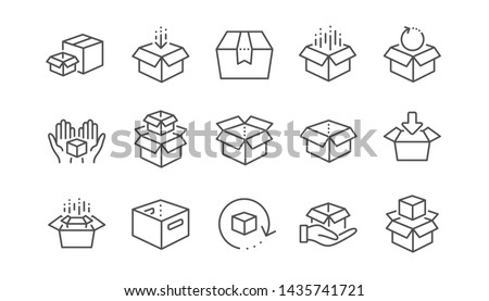 Box line icons. Package, delivery boxes, cargo box. Cargo distribution, export boxes, return parcel icons. Shipment of goods, open package. Linear set. Vector