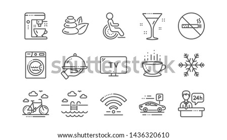 Hotel service line icons. Wi-Fi, Air conditioning and Coffee maker machine. Spa stones, swimming pool and hotel parking icons. Linear set. Vector