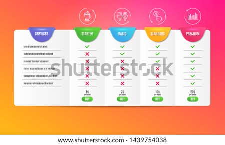 Reject click, Latte coffee and Computer cables icons simple set. Comparison table. Bar diagram sign. Delete button, Hot drink with whipped cream, Rj45 internet. Statistics infochart. Vector