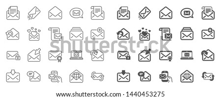 Mail message line icons. Newsletter, Email document, Correspondence icons. Received mail, Secure message and Web letter. Post office newsletter, Send email document, private communication. Vector