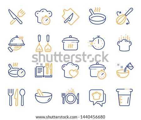 Cooking line icons. Boiling time, Frying pan and Kitchen utensils. Fork, spoon and knife line icons. Recipe book, chef hat and cutting board. Cooking book, frying time, hot pan. Vector