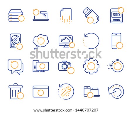 Recovery line icons. Backup, Restore data and recover document. Laptop renew, repair and phone recovery icons. Drive fix, restore information and return data. Backup document. Vector