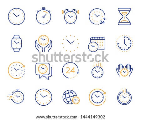 Time and clock line icons. Timer, Alarm and Smartwatch. Time management, 24 hour clock, deadline alarm icons. Sand hourglass, calendar and digital smartwatch, timer stopwatch. Vector