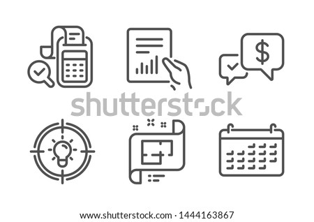 Architectural plan, Payment received and Bill accounting icons simple set. Idea, Document and Calendar signs. Technical project, Money. Education set. Line architectural plan icon. Editable stroke