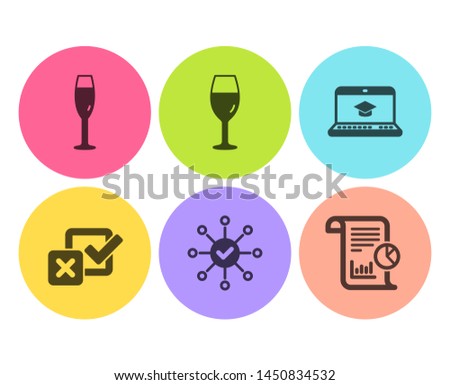 Website education, Champagne glass and Survey check icons simple set. Wineglass, Checkbox and Report signs. Video learning, Winery. Flat website education icon. Circle button. Vector