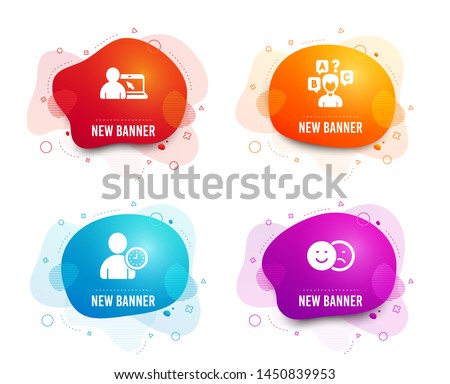 Liquid badges. Set of Quiz test, Online education and Time management icons. Like sign. Interview, Internet lectures, User with clock. Social media dislike.  Gradient quiz test icon. Vector