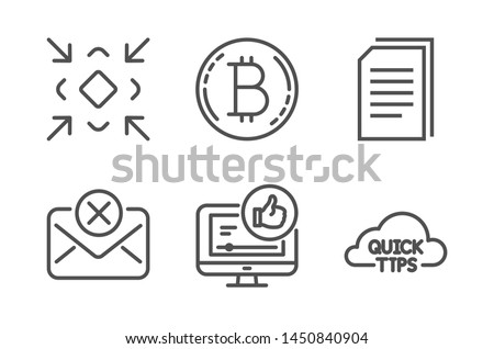 Like video, Reject mail and Copy files icons simple set. Bitcoin, Minimize and Quick tips signs. Thumbs up, Delete letter. Technology set. Line like video icon. Editable stroke. Vector