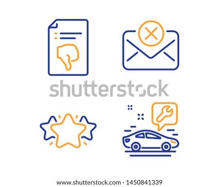 Thumb down, Reject mail and Star icons simple set. Car service sign. Decline file, Delete letter, Favorite. Repair service. Linear thumb down icon. Colorful design set. Vector