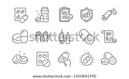 Medical drugs line icons. Healthcare, Prescription and Pill signs. Pharmacy drugs, recipe pill icons. Antibiotic capsule, syringe vaccination. Linear set. Vector