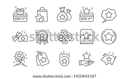 Loyalty program line icons. Bonus card, Redeem gift and discount coupon signs. Lottery ticket, Earn reward and winner gift icons. Linear set. Vector Сток-фото © 