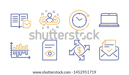 Diagram chart, Time change and Notebook line icons set. Recruitment, Approved documentation and Payment exchange signs. View document, Approved mail symbols. Presentation graph, Clock. Vector