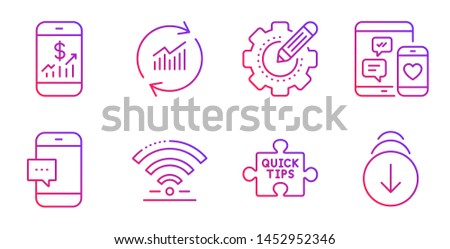 Smartphone message, Mobile finance and Update data line icons set. Social media, Settings gear and Quick tips signs. Wifi, Scroll down symbols. Cellphone chat, Phone accounting. Vector